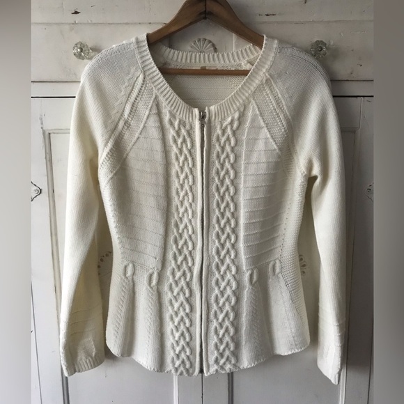 🩷Mystree | Women’s ivory long sleeve zip front cable knit cardigan sweater, sz S - Picture 9 of 14